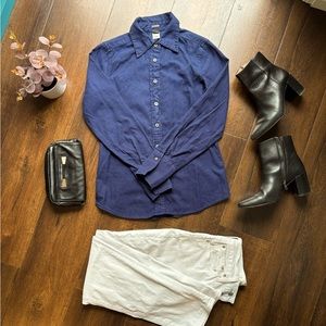 J. Crew cotton button down women’s long sleeved shirt, navy blue, size 2